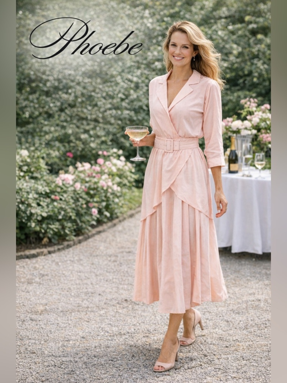 VTG Phoebe USA Pink Cotton Belted Dress Midi Draped Skirt Garden Party Size M/L